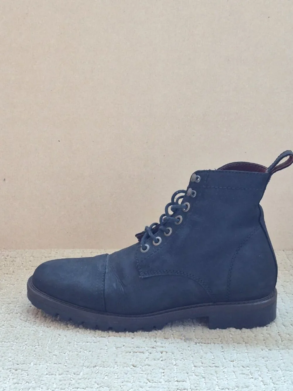 Patina Black Leather Lace Up Boots Men 9 Combat Cap Toe Lug Sole Made Mexico